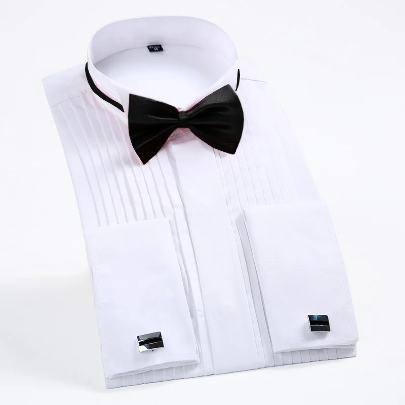 classic winged collar dress shirt men's wingtip tuxedo formal shirts with red black bow tie party dinner wedding bridegroom tops