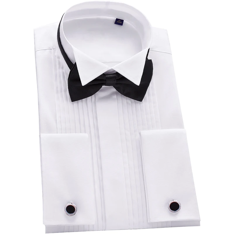 Extral Large Wing Tip Men's French Cuff Tuxedo Long Sleeve Dress Shirt Male Oversized Formal Business Party Wedding Bridegroom